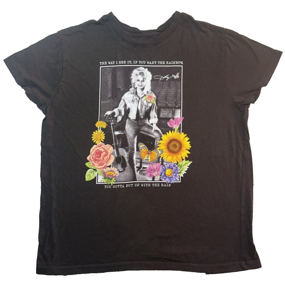 Dolly Parton Floral TShirt Womens M Black Sunflower Country Music Legend Cowgirl